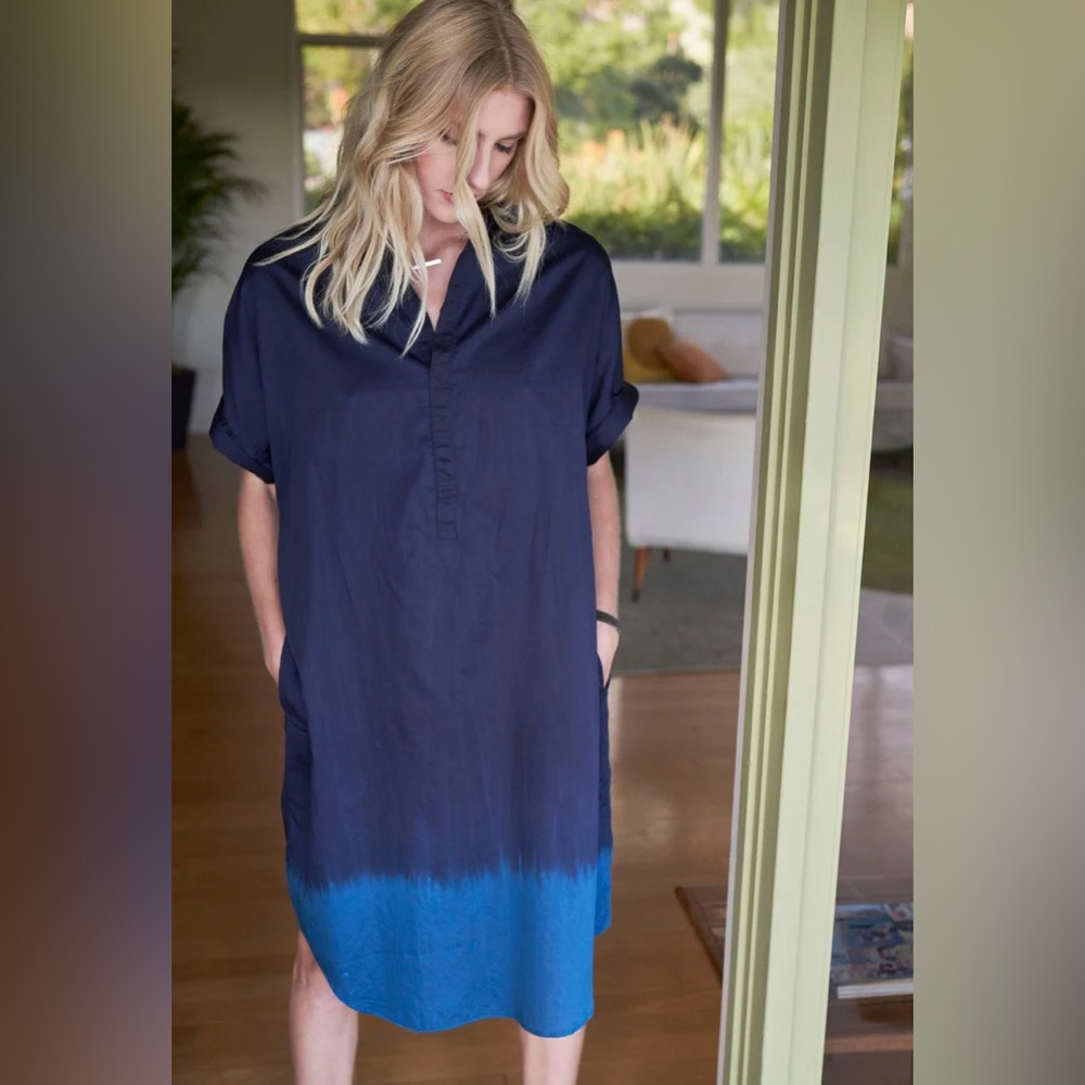 Ocean+Main Los Angeles Blue Dip Dye Short Sleeve V Neck Caftan Dress